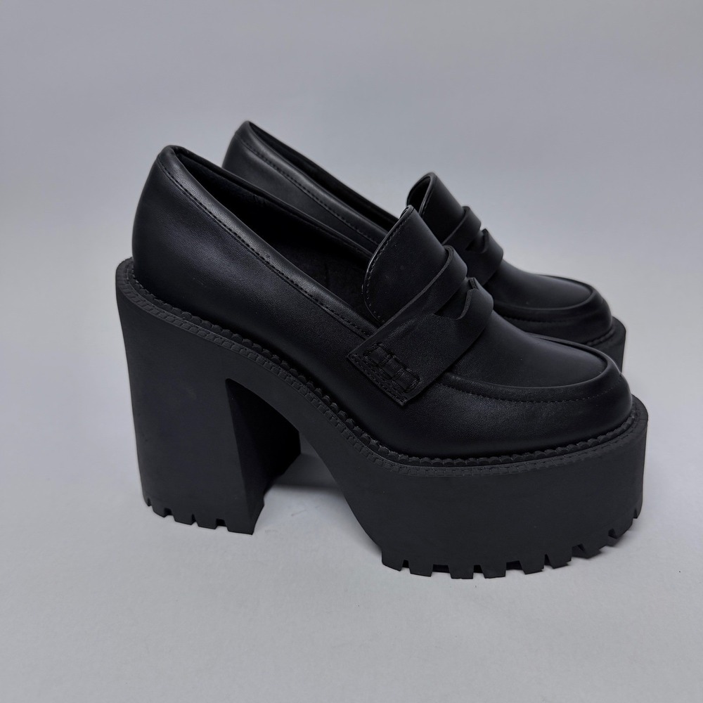 Forever 21 Womens Black Platform Penny Loafers Chunky Block Heel Lug Sole 5.5 - Picture 5 of 12